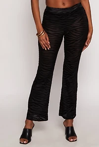 Womens Velvet Burnout Zebra Print Mesh Pants, Black, Size L