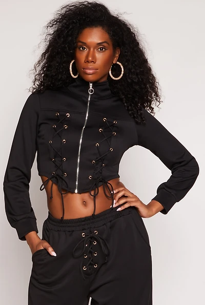 Womens Mock Neck Lace Up Zip Front Top, Black, Size S
