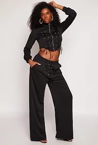 Womens Mock Neck Lace Up Zip Front Top, Black, Size S