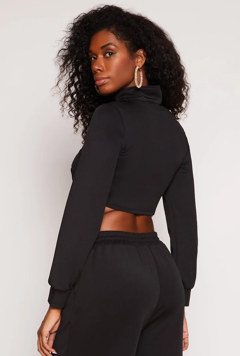 Womens Mock Neck Lace Up Zip Front Top, Black, Size S