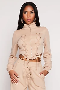 Womens Mock Neck Lace Up Zip Front Top, Beige, Size M