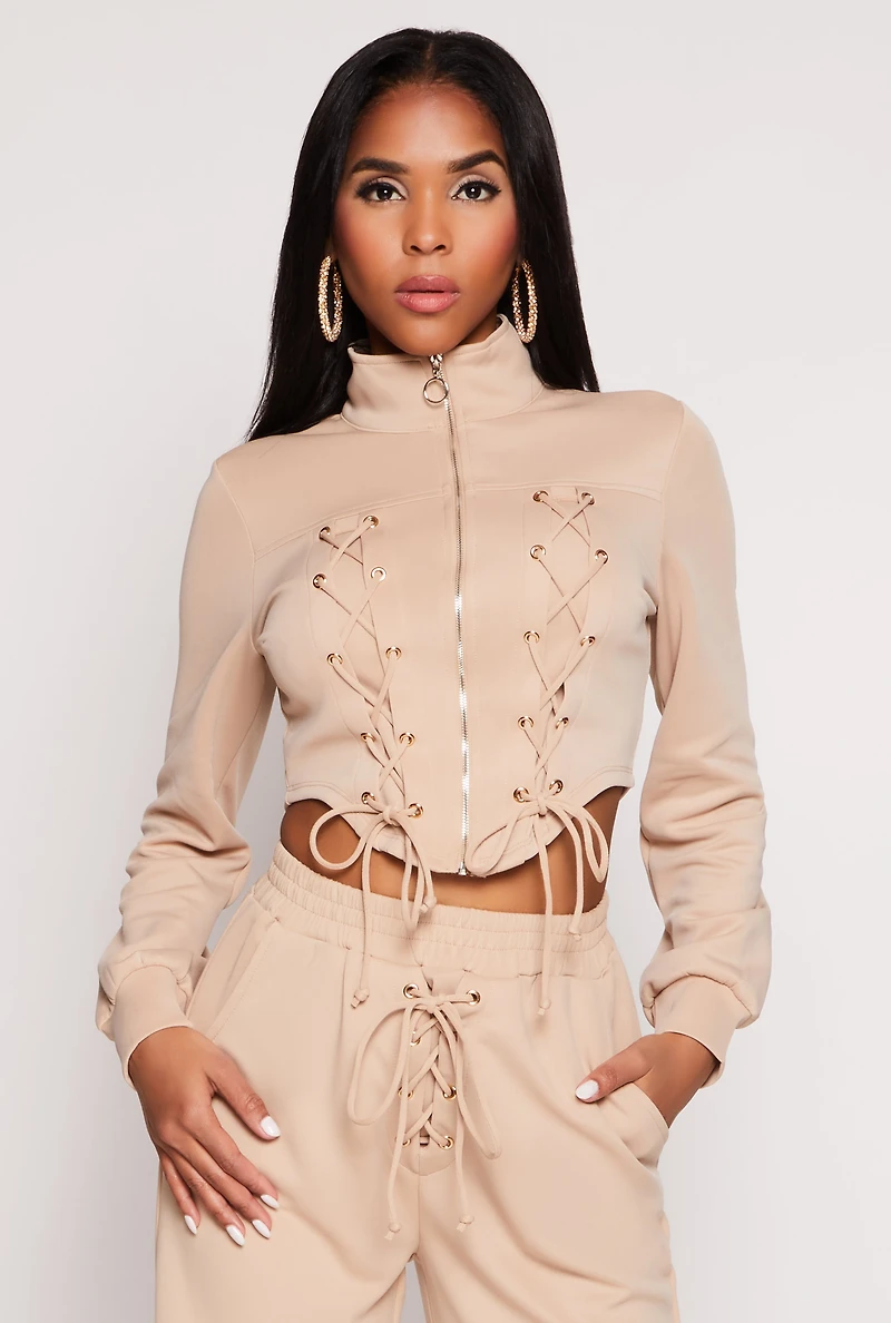 Mock Neck Lace Up Zip Front Top