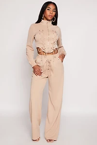 Womens Mock Neck Lace Up Zip Front Top,