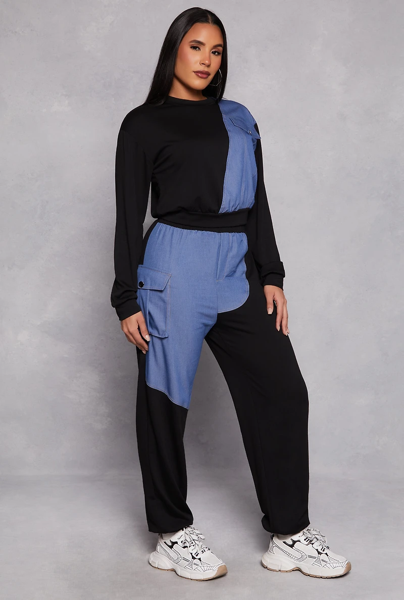 Chambray Color Block Pullover Sweatshirt