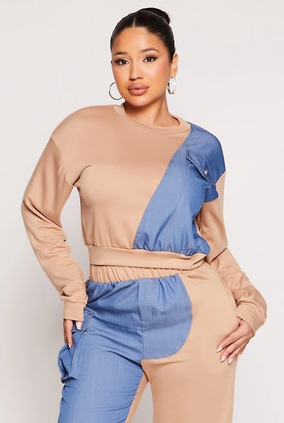 Womens Chambray Color Block Pullover Sweatshirt, Multi, Size S
