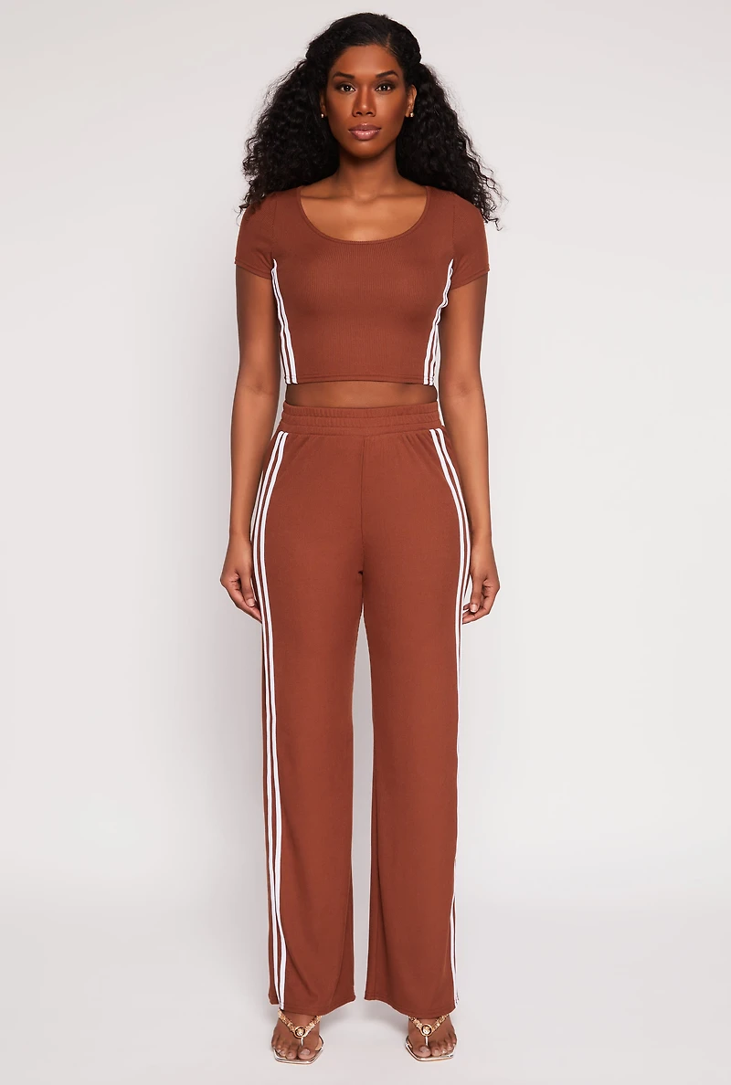 Womens Varsity Stripe Short Sleeve Crop Top, Brown, Size S