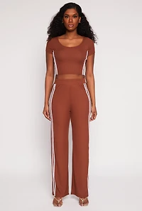 Womens Varsity Stripe Short Sleeve Crop Top, Brown, Size S