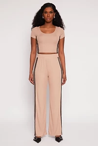 Womens Varsity Stripe Short Sleeve Crop Top, Beige, Size S