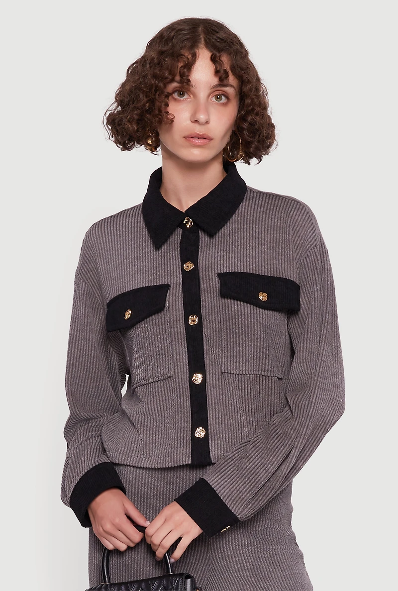 Womens Corduroy Contrast Trim Button Front Shirt, Grey,
