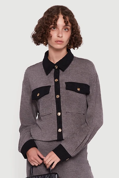 Womens Corduroy Contrast Trim Button Front Shirt, Grey,