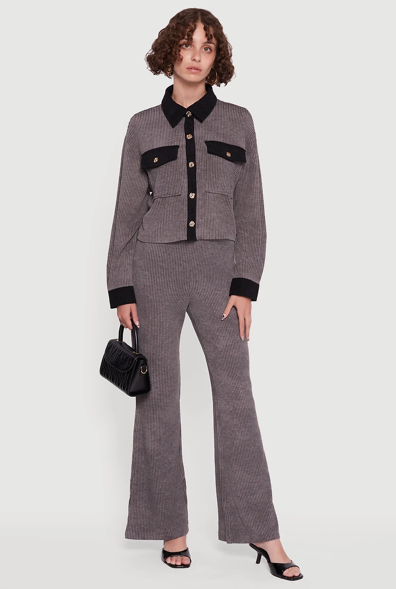 Womens Corduroy Contrast Trim Button Front Shirt, Grey,