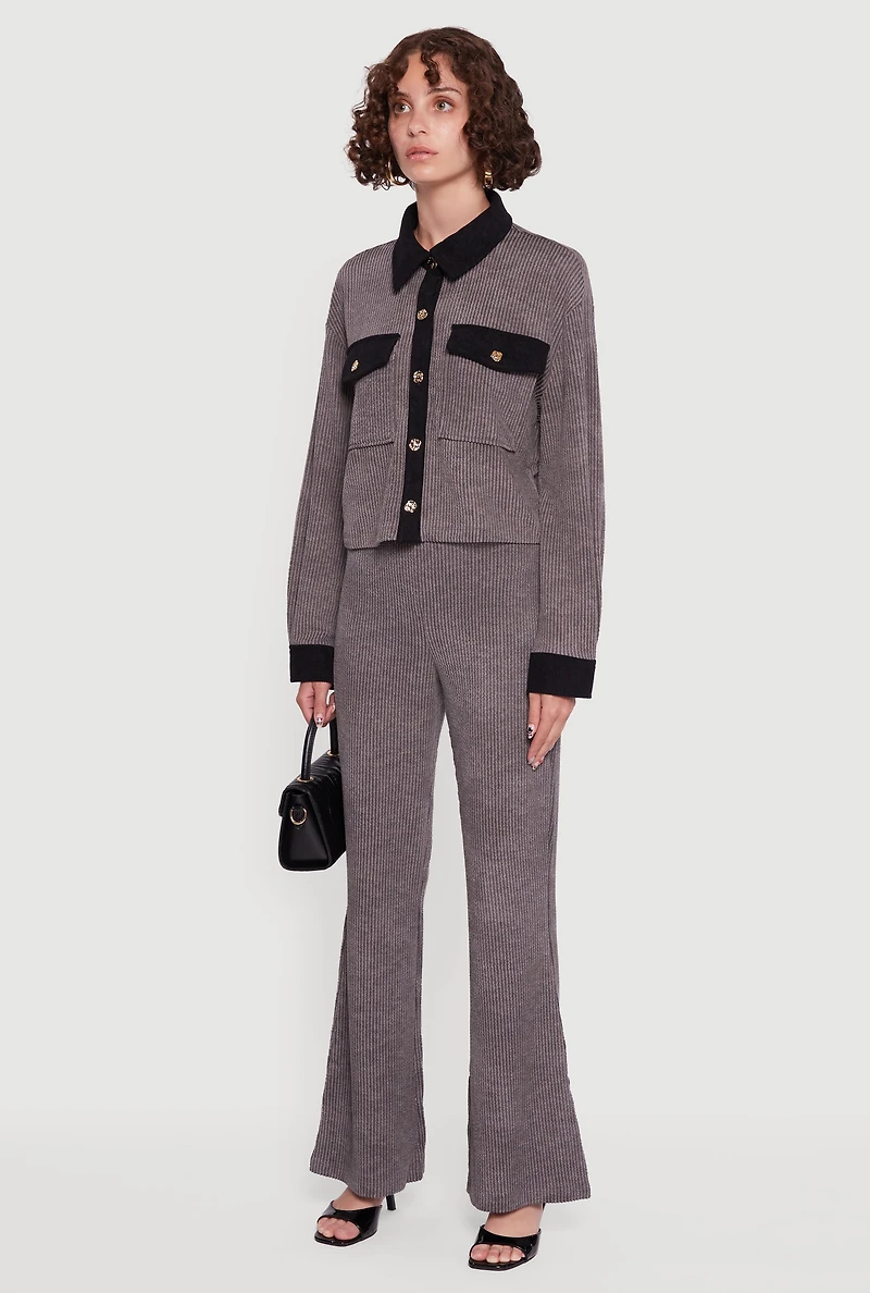 Womens Corduroy Contrast Trim Button Front Shirt, Grey,