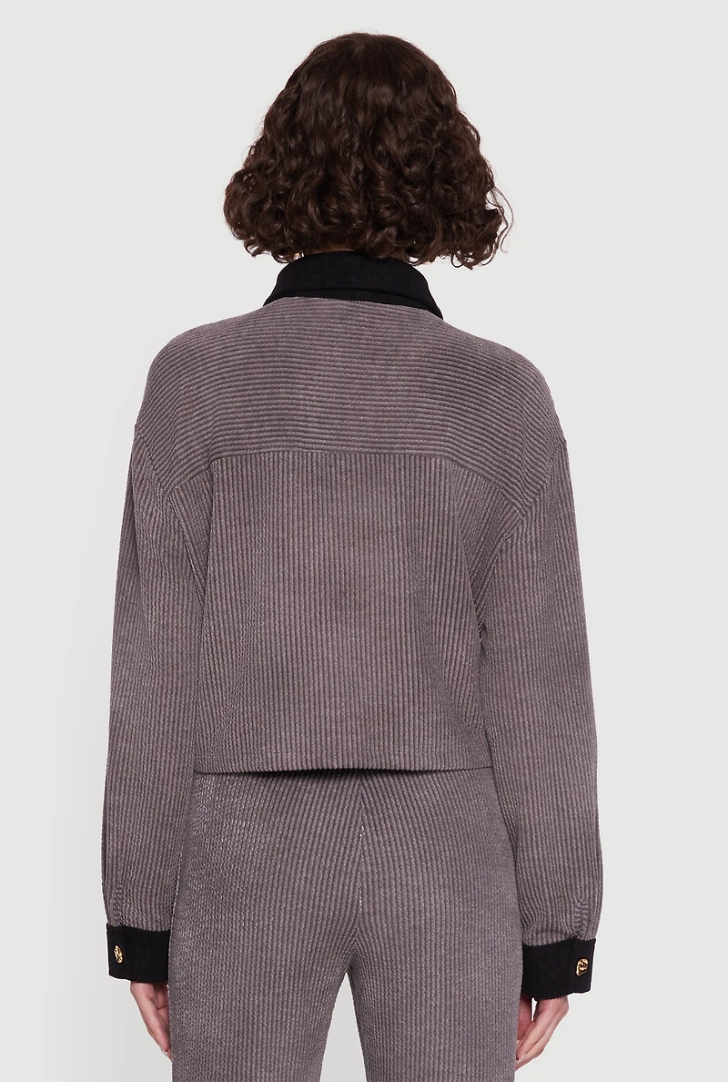 Womens Corduroy Contrast Trim Button Front Shirt, Grey,
