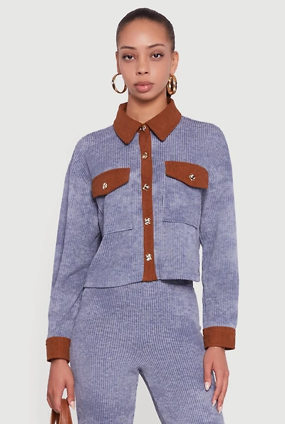 Womens Corduroy Contrast Trim Button Front Shirt,