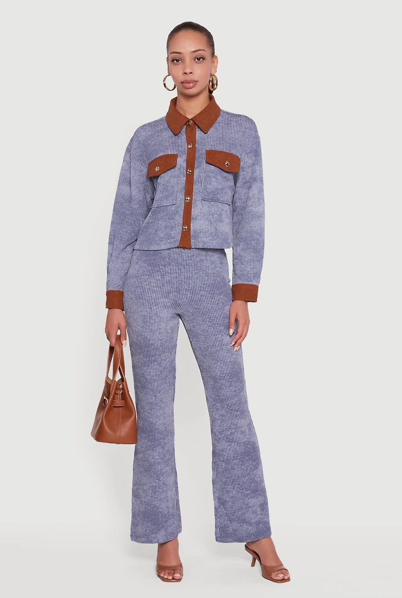 Womens Corduroy Contrast Trim Button Front Shirt, Blue, Size S