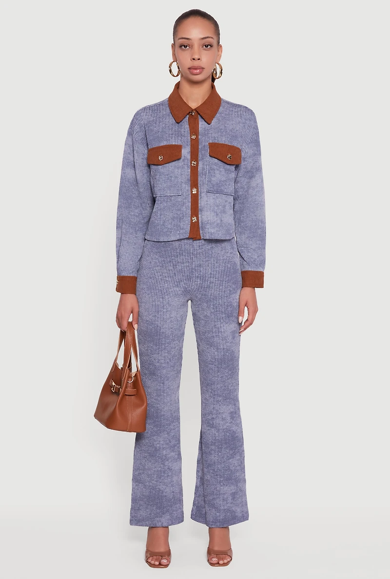 Womens Corduroy Contrast Trim Button Front Shirt, Blue, Size S