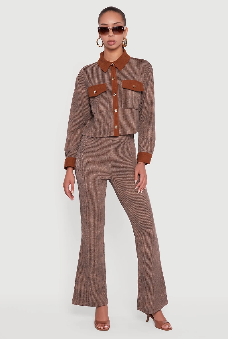 Womens Mineral Wash Shadow Stripe Flare Pants, Brown, Size L