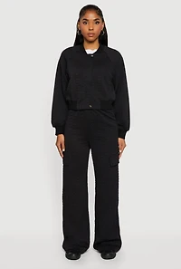 Textured Knit Zip Front Bomber Jacket