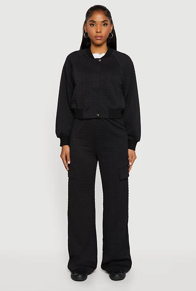 Textured Knit Zip Front Bomber Jacket