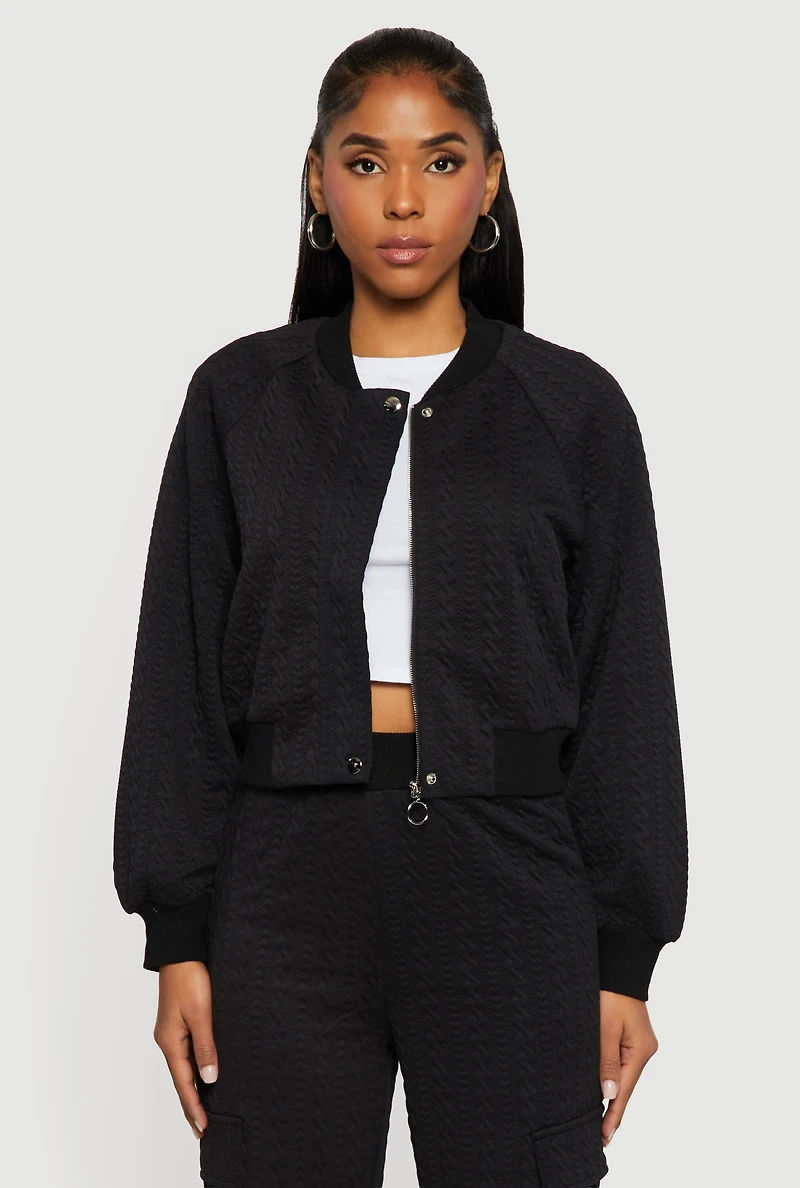 Womens Textured Knit Zip Front Bomber Jacket,