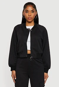 Womens Textured Knit Zip Front Bomber Jacket,