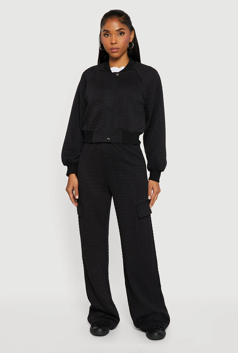 Womens Textured Knit Zip Front Bomber Jacket,