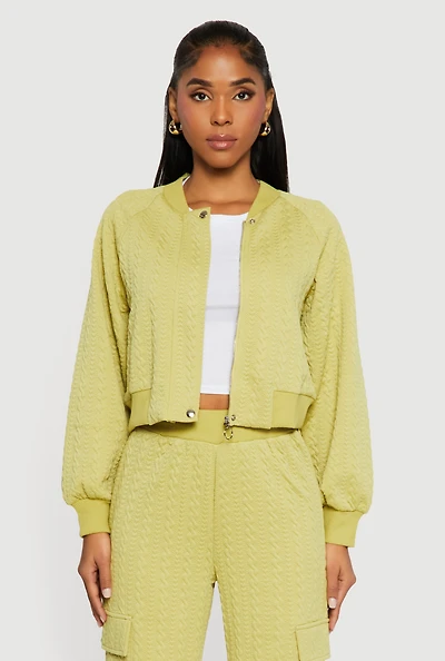 Textured Knit Zip Front Bomber Jacket
