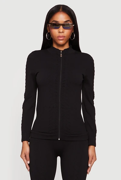 Trendy Textured Knit Zip Front Track Jacket