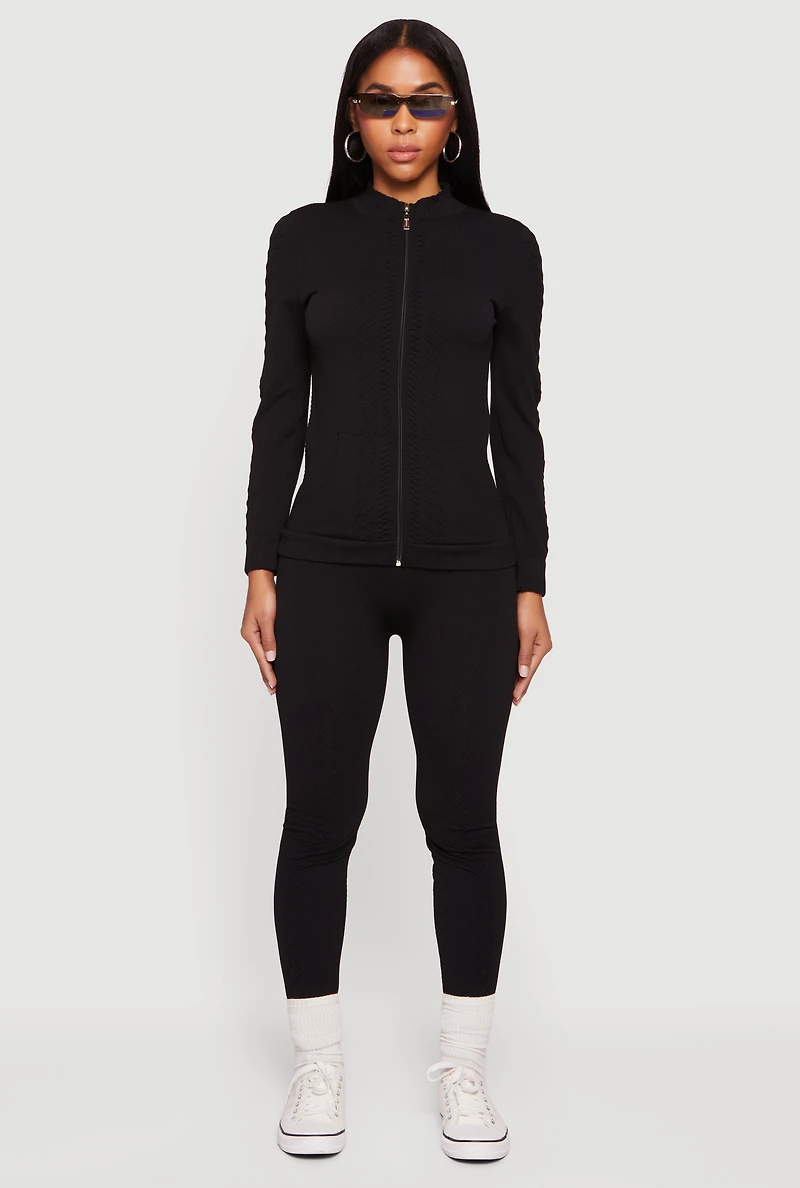 Trendy Textured Knit Zip Front Track Jacket