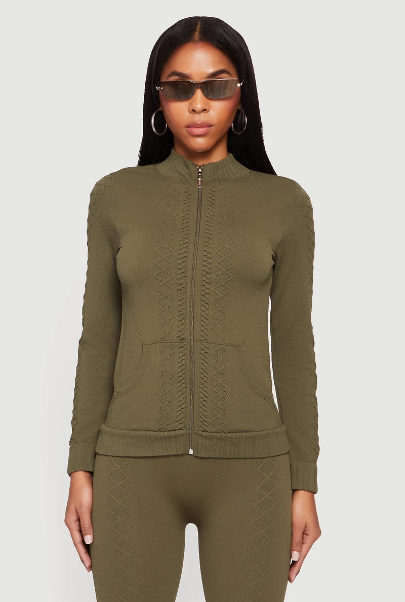 Womens Trendy Textured Knit Zip Front Track Jacket, S-M