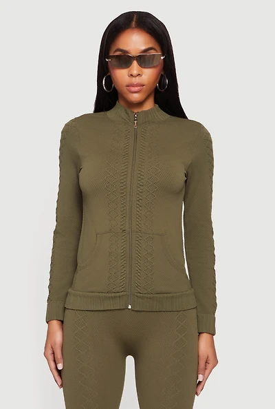 Womens Trendy Textured Knit Zip Front Track Jacket, S-M