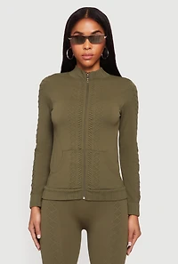 Womens Trendy Textured Knit Zip Front Track Jacket, S-M