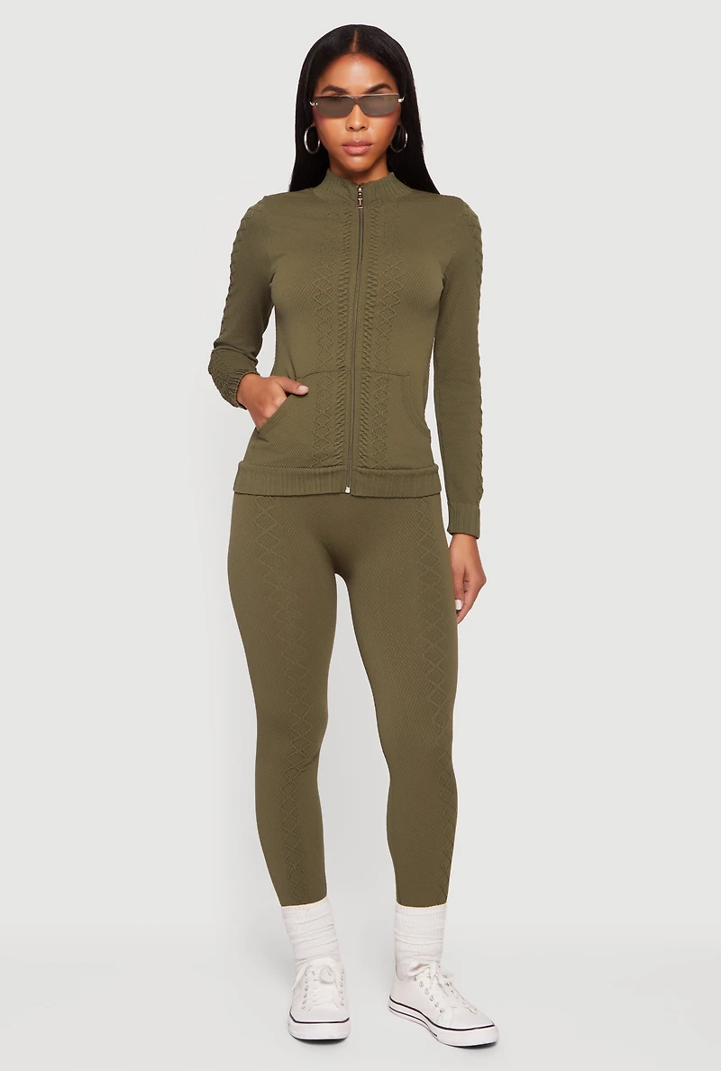 Womens Trendy Textured Knit Zip Front Track Jacket, S-M