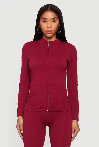 Trendy Textured Knit Zip Front Track Jacket