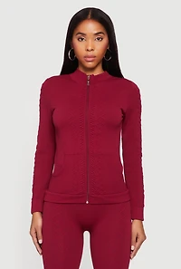 Trendy Textured Knit Zip Front Track Jacket