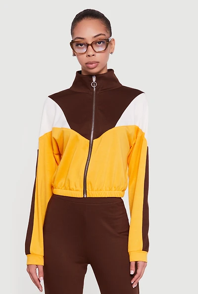 Color Block Long Sleeve Mock Neck Zip Front Top