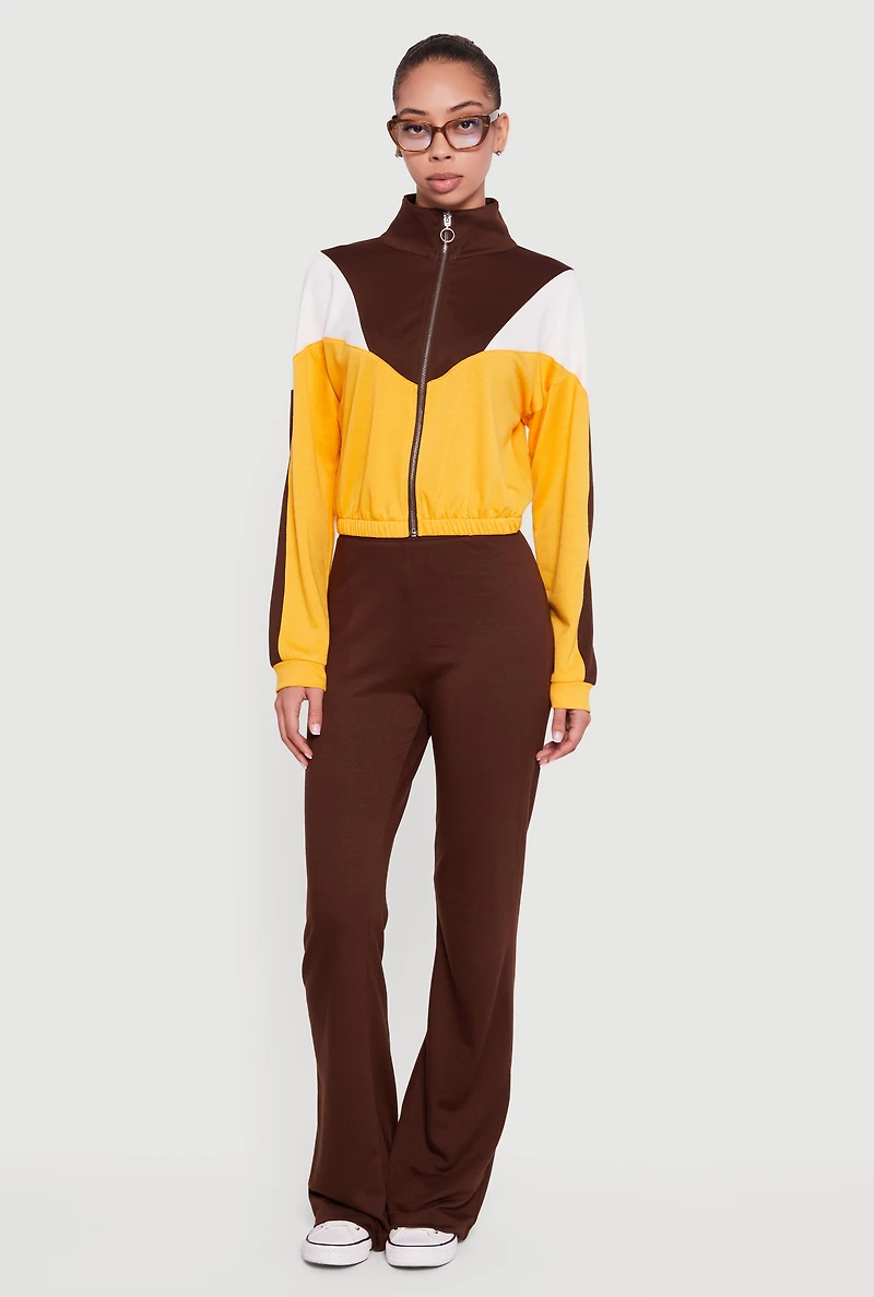 Color Block Long Sleeve Mock Neck Zip Front Top