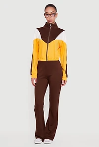 Color Block Long Sleeve Mock Neck Zip Front Top