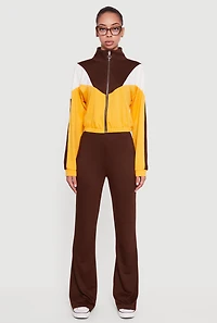 Color Block Long Sleeve Mock Neck Zip Front Top