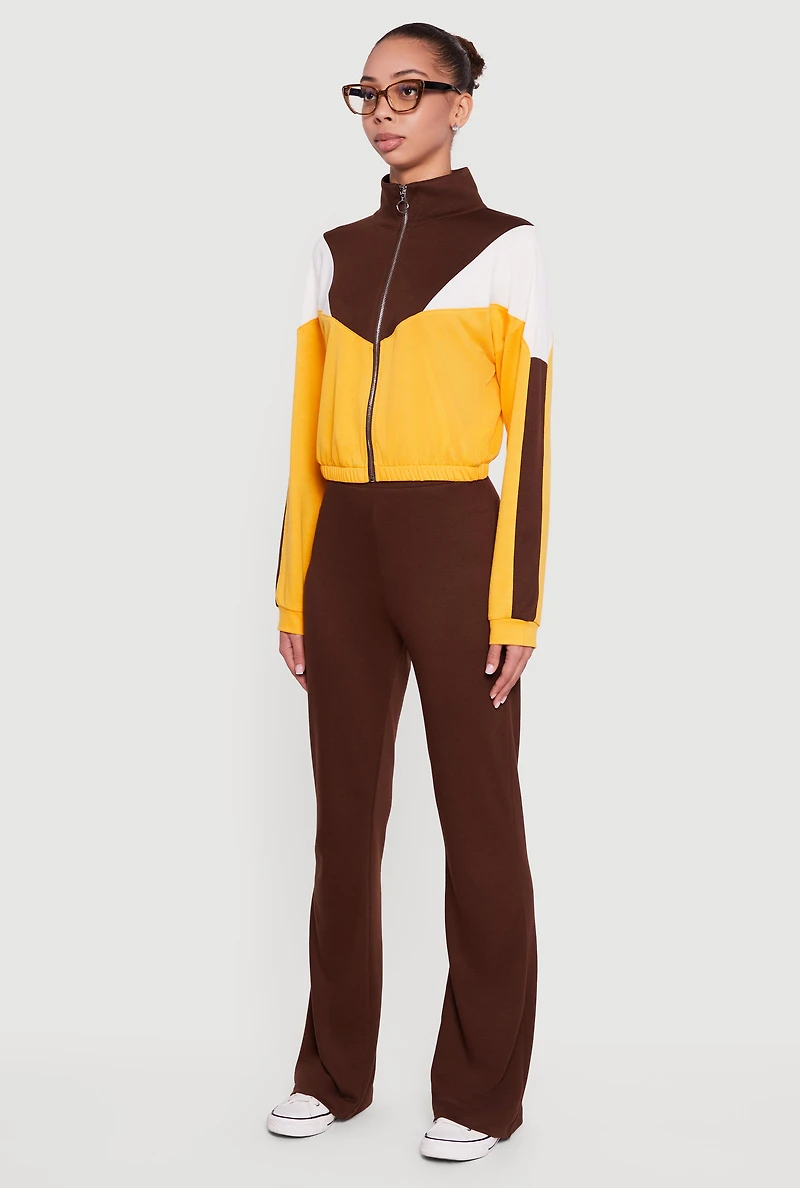 Color Block Long Sleeve Mock Neck Zip Front Top