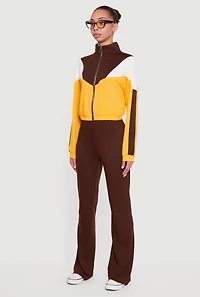 Color Block Long Sleeve Mock Neck Zip Front Top