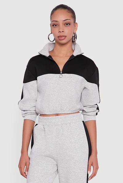 Womens Color Block Half Zip Mock Neck Sweatshirt, Grey, Size S