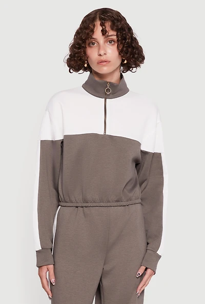 Womens Color Block Half Zip Mock Neck Sweatshirt, Green, Size L