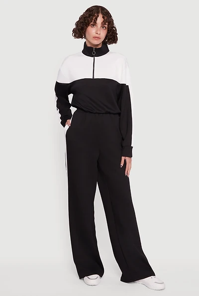 Womens Side Stripe Elastic Waist Wide Leg Sweatpants, Black, Size S