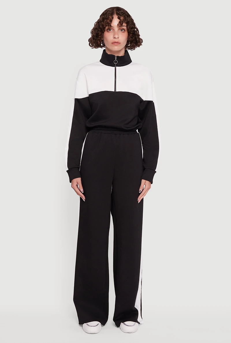 Womens Side Stripe Elastic Waist Wide Leg Sweatpants, Black,