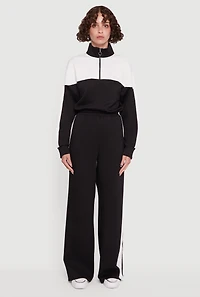 Womens Side Stripe Elastic Waist Wide Leg Sweatpants, Black,