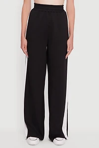 Womens Side Stripe Elastic Waist Wide Leg Sweatpants, Black,