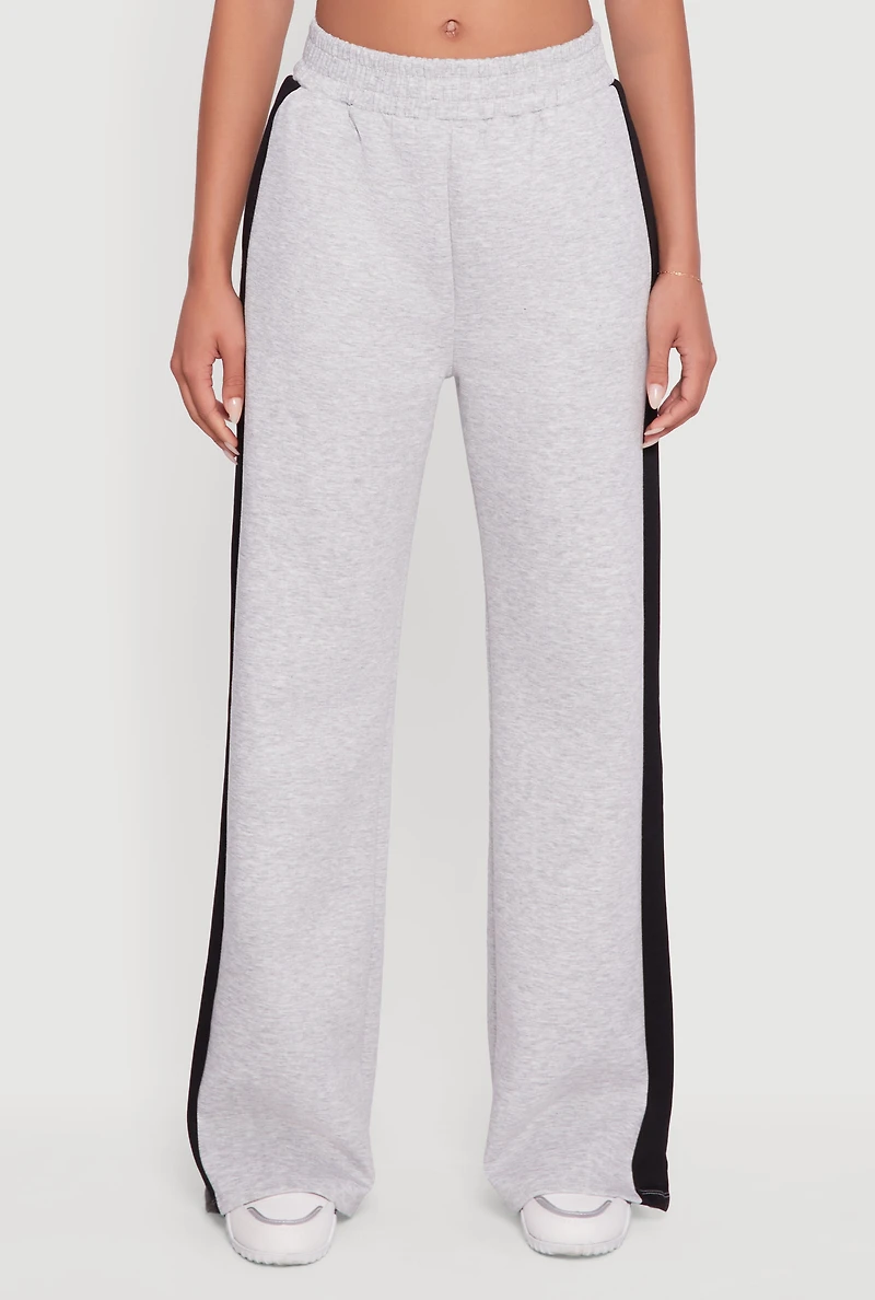 Womens Side Stripe Elastic Waist Wide Leg Sweatpants, Grey, Size XL