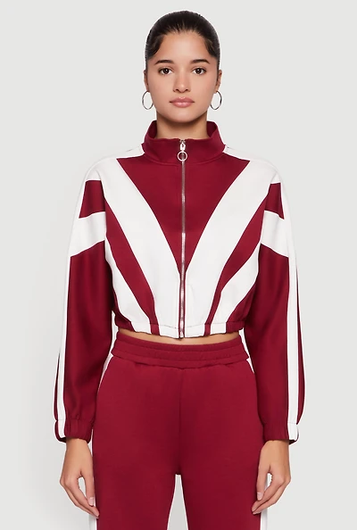 Color Block Scuba Cropped Mock Neck Zip Front Top