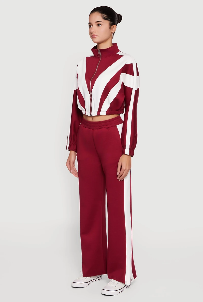 Color Block Scuba Cropped Mock Neck Zip Front Top